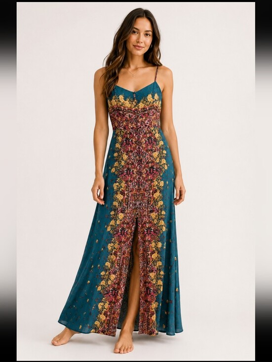 Free People Dresses & Skirts - Free People Morning Song Teal Lace Detail Front Buttons Front Slit Maxi Dress